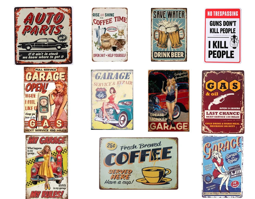 Antique Vintage Metal Signs Retro Road Cars Tin Sign Poster for Bar Garage Wall Decor Retro Antique Logo Plaque Painting Craft