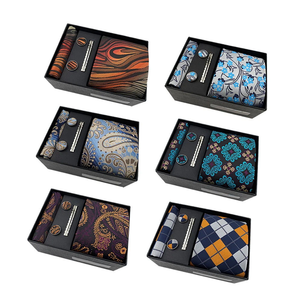 Wholesale Fashion Custom Silk Wedding Gift Tie Paisley 8cm Luxury Necktie Box Set Business Men's Tie and Hanky Cufflinks Set