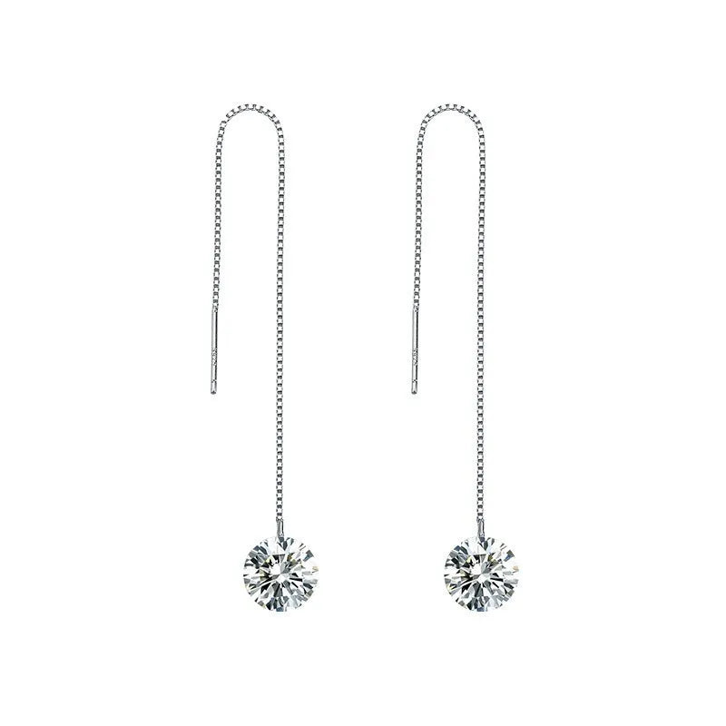 Handmade Long Hanging New Crystal 8MM Zircon Dangle Drop Earrings 925 Sterling Silver Fine Jewelry for Girl Women
