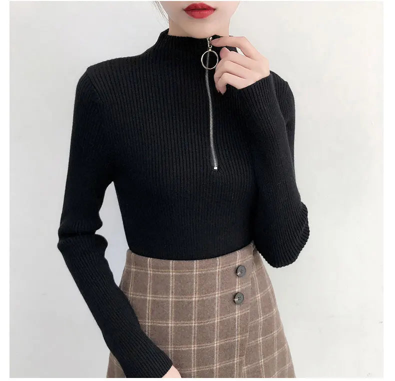 One Size Autumn/winter Sweater Women's Half High Collar Circular Zipper Outer Long Sleeved Collar Bottom Shirt KNIT TOP