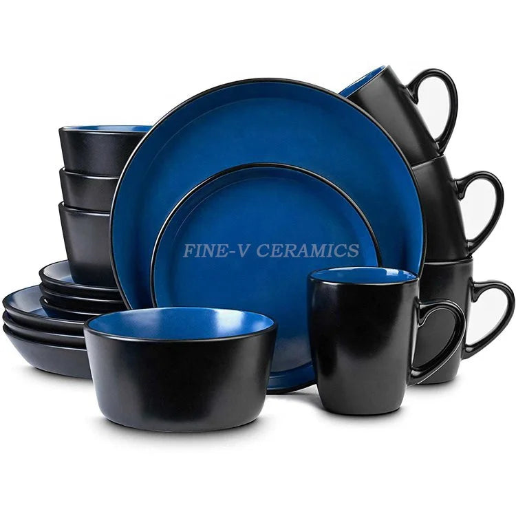 Custom Western Style Luxury 16 / 24 Pcs Dinner Set Pakistan Blue Black Color Dinnerware Service for 4 or 6
