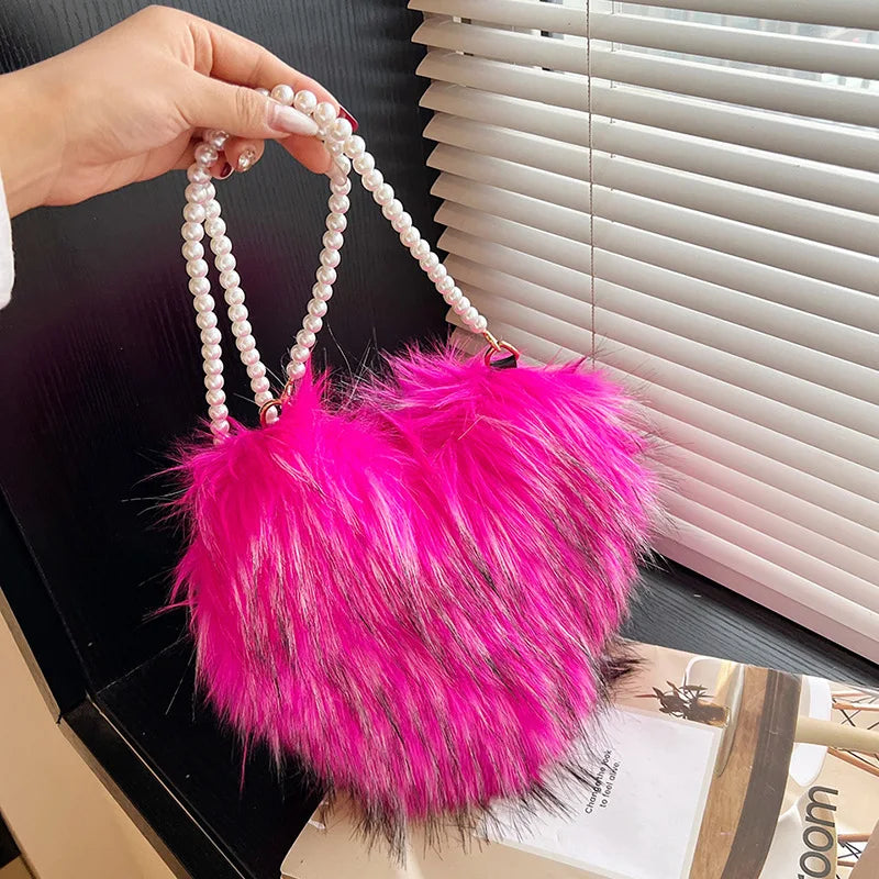 Retro Large Capacity Plush Women's Shoulder Bags Heart Shaped Sweet Ladies Crossbody Bag Candy Color Pearl Chain Female Handbag