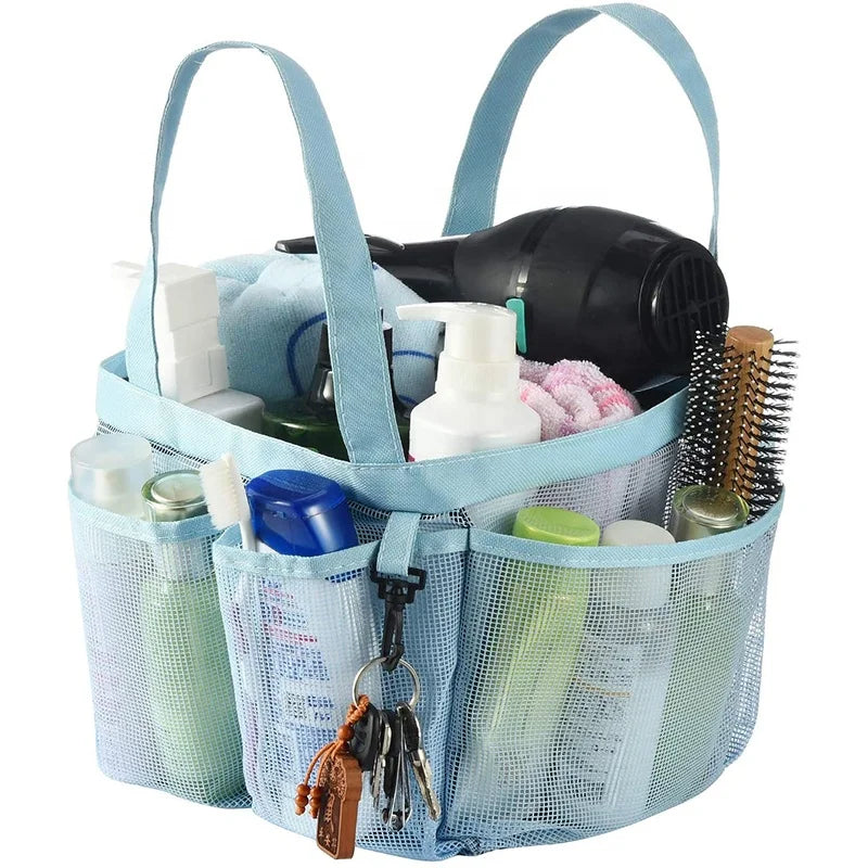 New Multi Pocket Mesh Bathroom Shower Tote Caddy with Key Hook and 2 Oxford Handles 8 Basket Pockets Storage Bag for Swimming