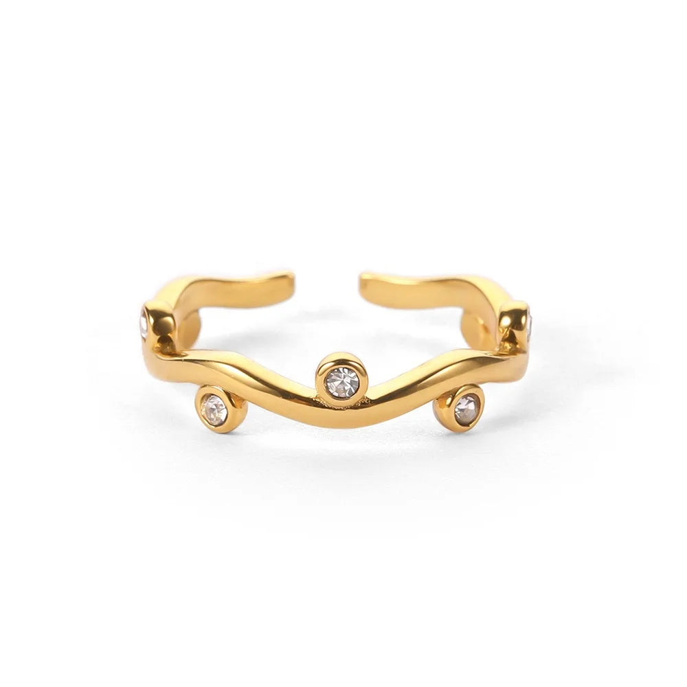 J&D 18K Gold Plated White Round Zircon Willow Leaf Stainless Steel Rings Women Daily Jewelry