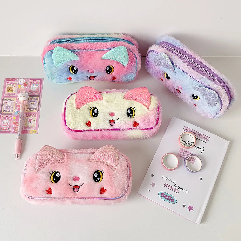 Cute Stationery Fluffy Pen Bags Cartoon Colorful Cat Soft Plush Pencil case for Girls