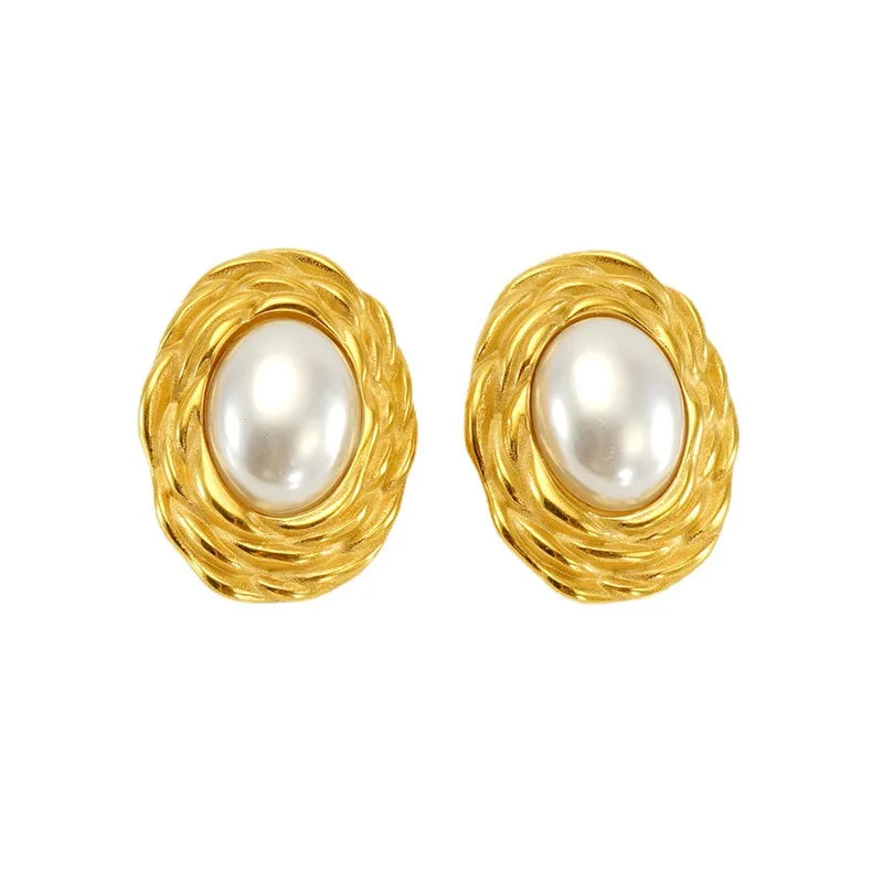 Women Vintage 316l Stainless Steel Irregular Pearl 18k Gold Plating Stud Earrings