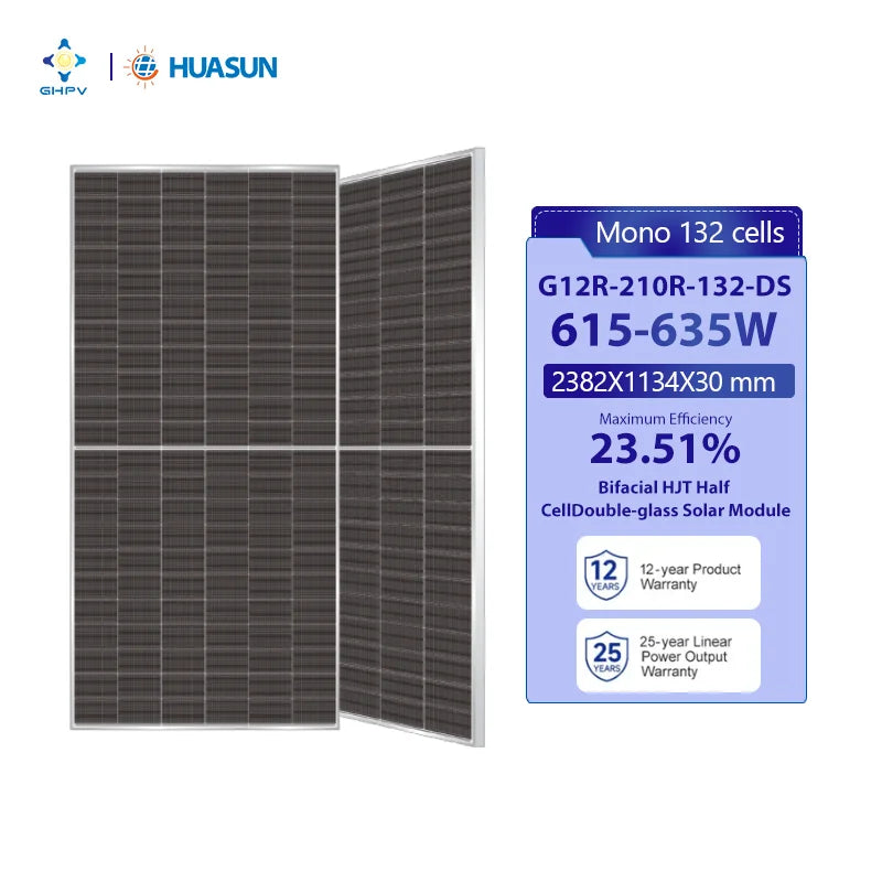 Huasun Bifacial Hjt Photovoltaik-Panels 615W 620W 625W 630W 635 Watts Price Photovoltaic Panel for Home Solar System