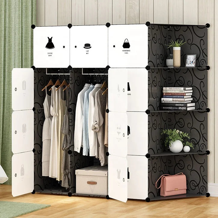 12-Door Black and White Portable Wardrobe Modern Design Cheap Plastic Cabinet with Side Shelf for Bedroom or Workshop