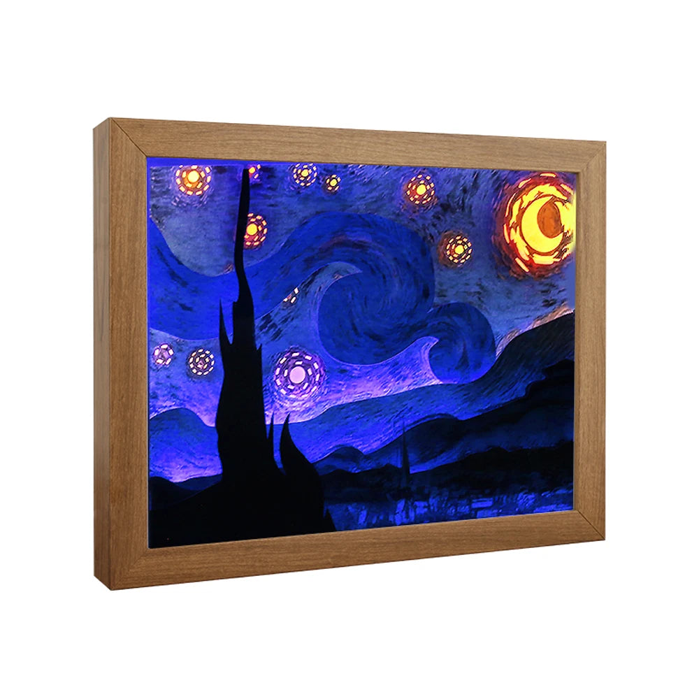 Van Gogh Paintings Wall Art Home Decor 3D Night Light the Starry Night Pictures Shadow Box Frame Custom Gift