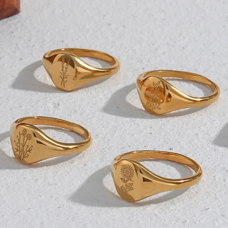 Tarnish Free Sunflower Signet Rings Set PVD 18K Gold Plated Stainless Steel Chunky Rings Women Jewelry