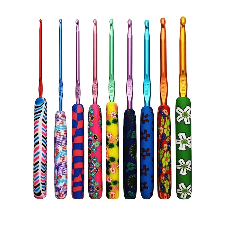 Colorful Polymer Clay Handle Crochet Hooks 2.5mm 6.5mm Soft Grip Aluminum Crochet Needles 9PCS Crochet Kit Art Sewing Knitting