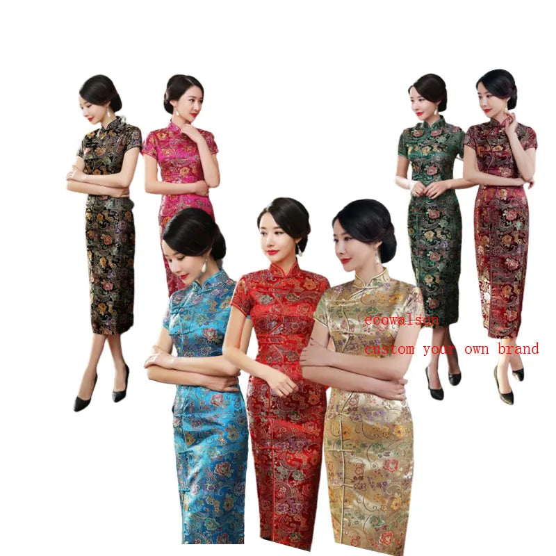 Ecowalson Traditional Chinese Dress Women's Satin  Summer Short Sleeve Cheongsam Qipao Mujere Vestido Flower