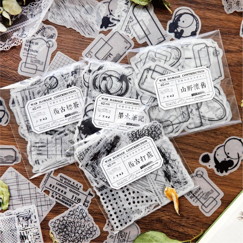 40pcs/pack Sticker Pack Nostalgia Record Series Retro Handbook Stickers Collage Bottoming Material Decoration