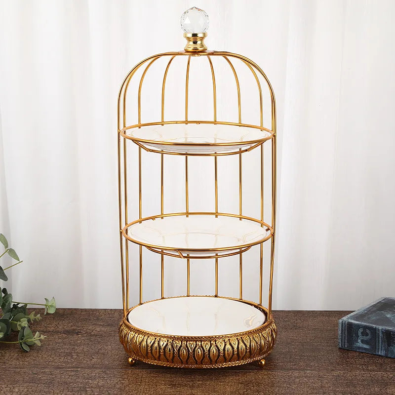 Creative Birdcage Food Display Ceramic Three Layer Dessert Tray Double Layer Cake Plate Afternoon Tea Heart Rack