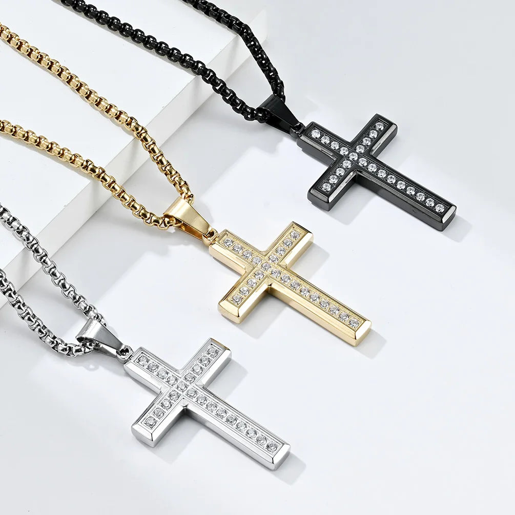 Wholesale Price Religious Stainless Steel Cross Pendant Necklace Waterproof No Tarnish Rhinestone Diamond Pearl Box Chain Unisex