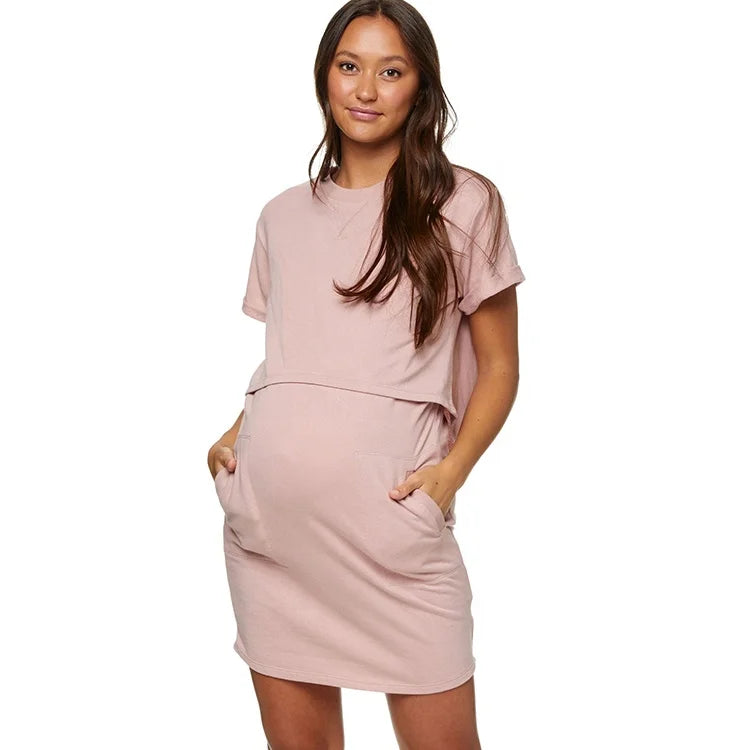 3 in 1 Pre-pregnancy Maternity Nursing Clothes Relaxed Cotton Casual Pink Pullover Dresses With Pockets