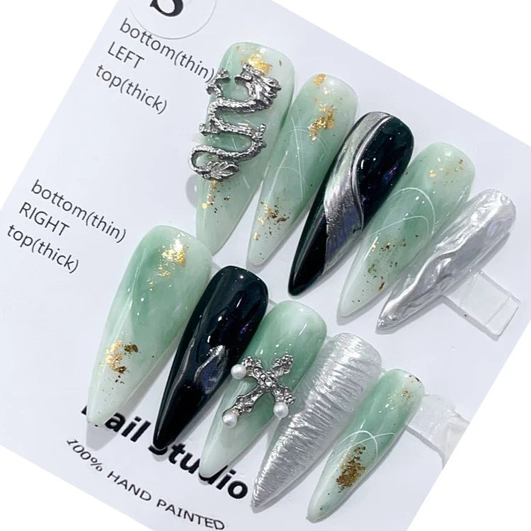 Handmade 10pcs 3D Luxury French Tip Nails Heart Diamond Glitter Coffin Ballerina Artificial Fingernails Press on Nails