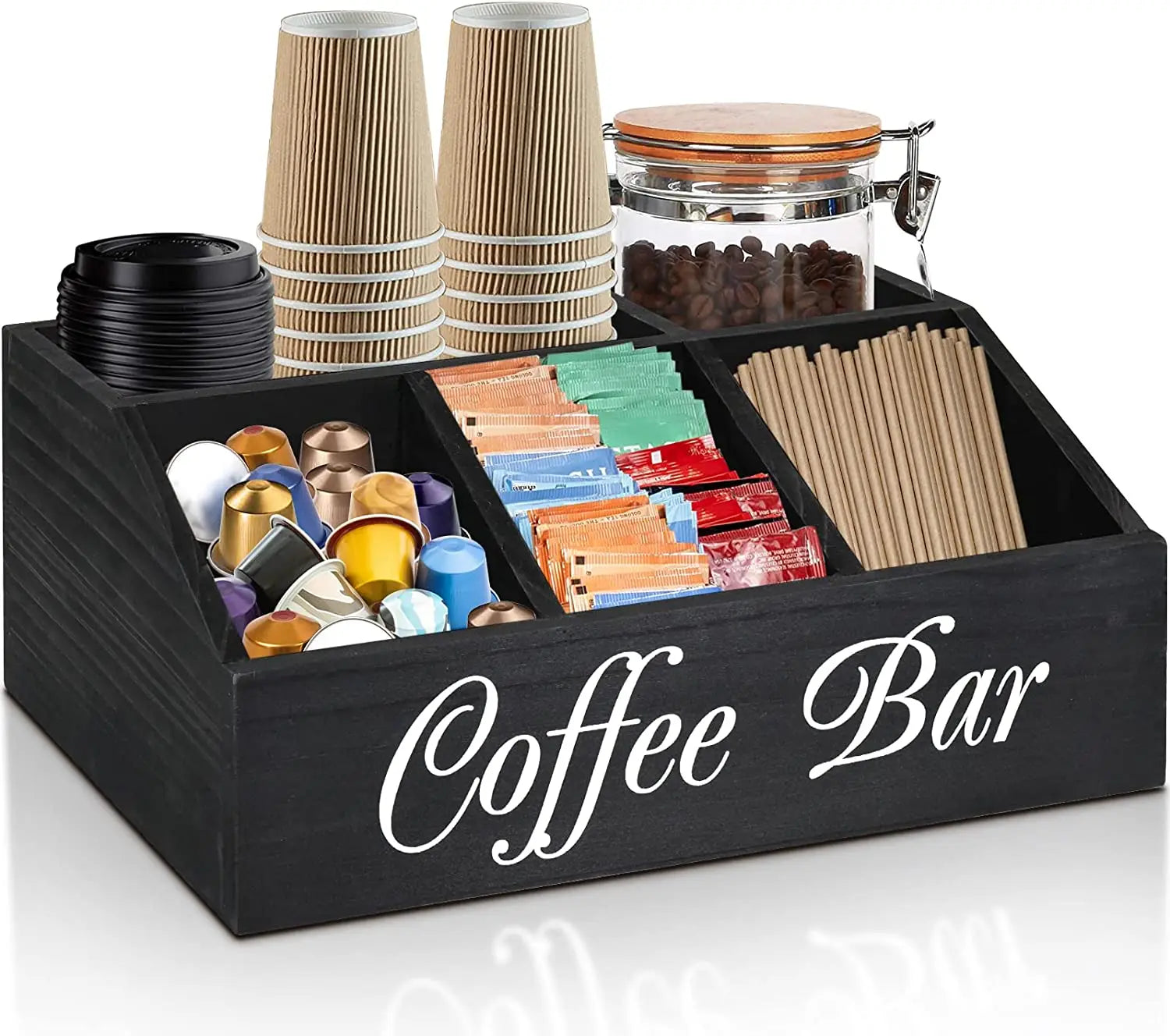 Rustic Durable Reusable Wood Coffee Bar & Station Organizer with Multifunction Design for Kitchen Countertop