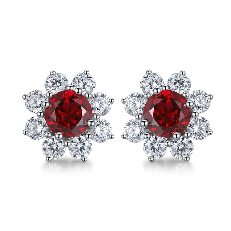 ANSTER Fashion Fine Jewelry 925 Sterling Silver Red Corundum Stone Flower Stud Earrings