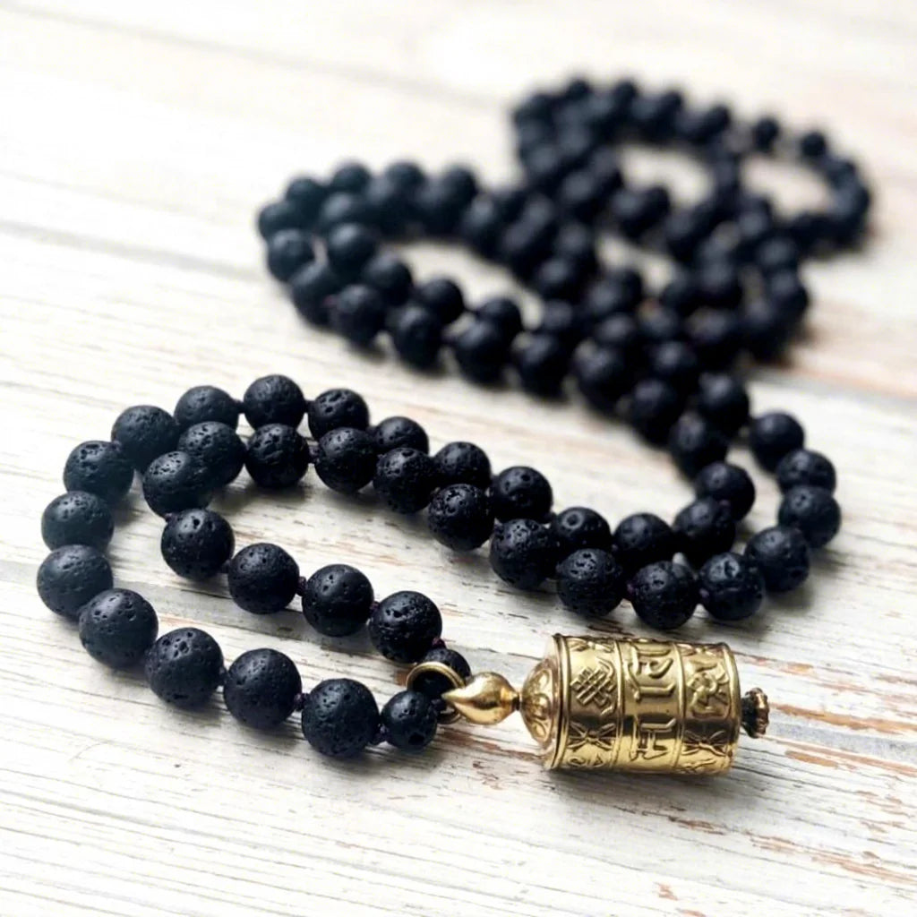 MN31598 Tibetan Prayer Wheel 108 Bead Mala Lava Mala Beads Necklace Prayer Wheel Knotted Meditation Gift