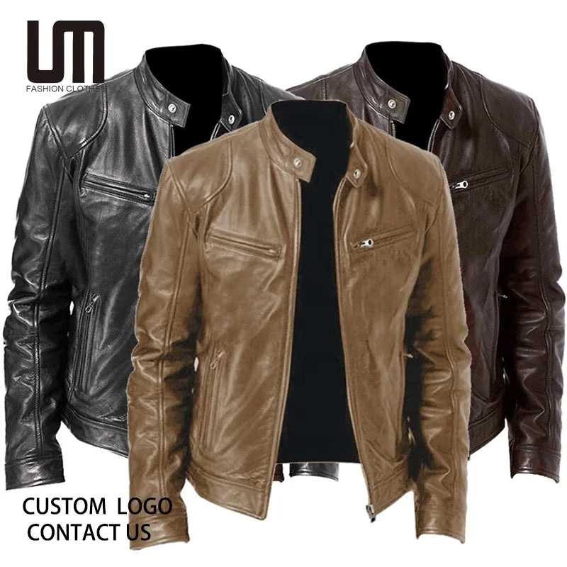 OEM ODM Hot Selling Fall Winter Mens Stand Collar Motorcycle Leather Coats Plus Size Black Brown Jacket
