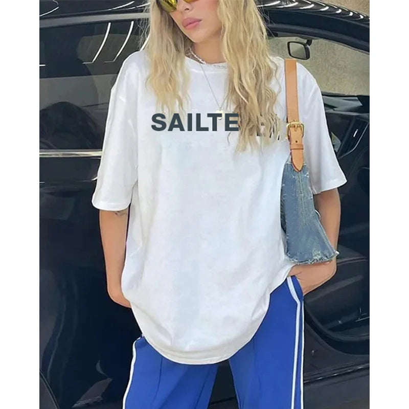 Women Oversized 100% Cotton T Shirt Heavyweight Drop Shoulder Custom Letter Print Tee Loose Fit Streetwear Casual Summer 2026