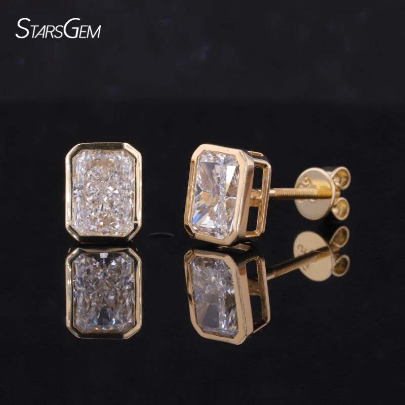 Starsgem Fine Jewelry Bezel Studs D VVS Radiant Cut Moissanite Earrings 14K Yellow Gold 1Ct Diamond Earrings Christmas Gift