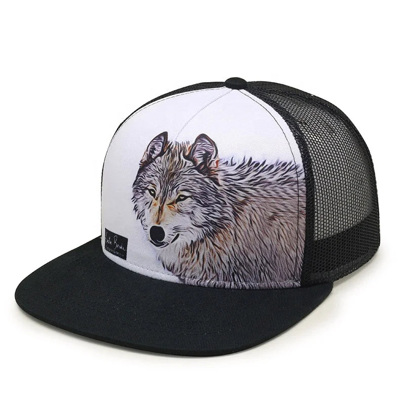 Customized 5 Panel Sublimated Print Trendy Mesh Flat Brim Snapback Trucker Hat Cap