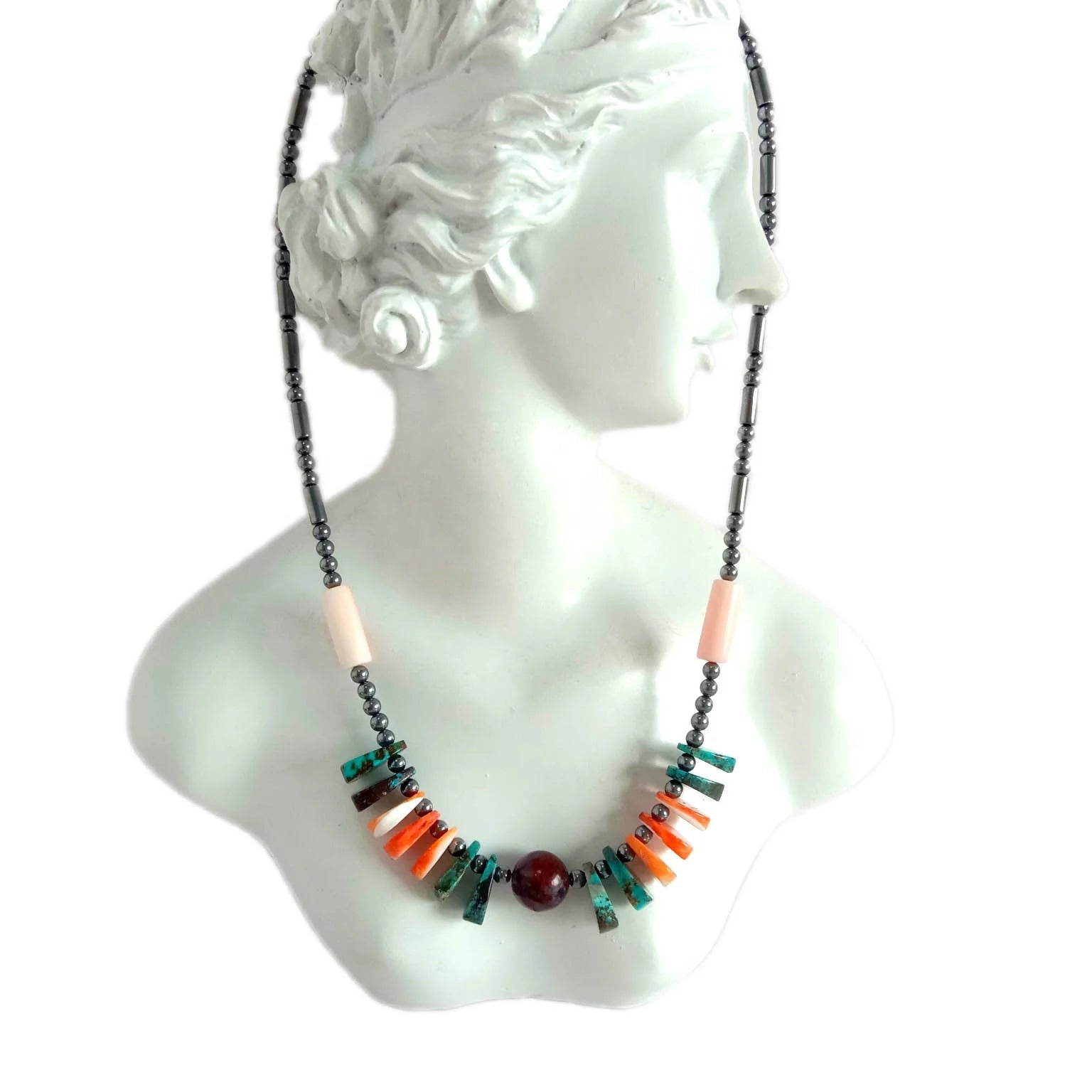 Natural Turquoise hematite spiny oyster Ghost phantom quartz 925 Sterling Silver Necklace