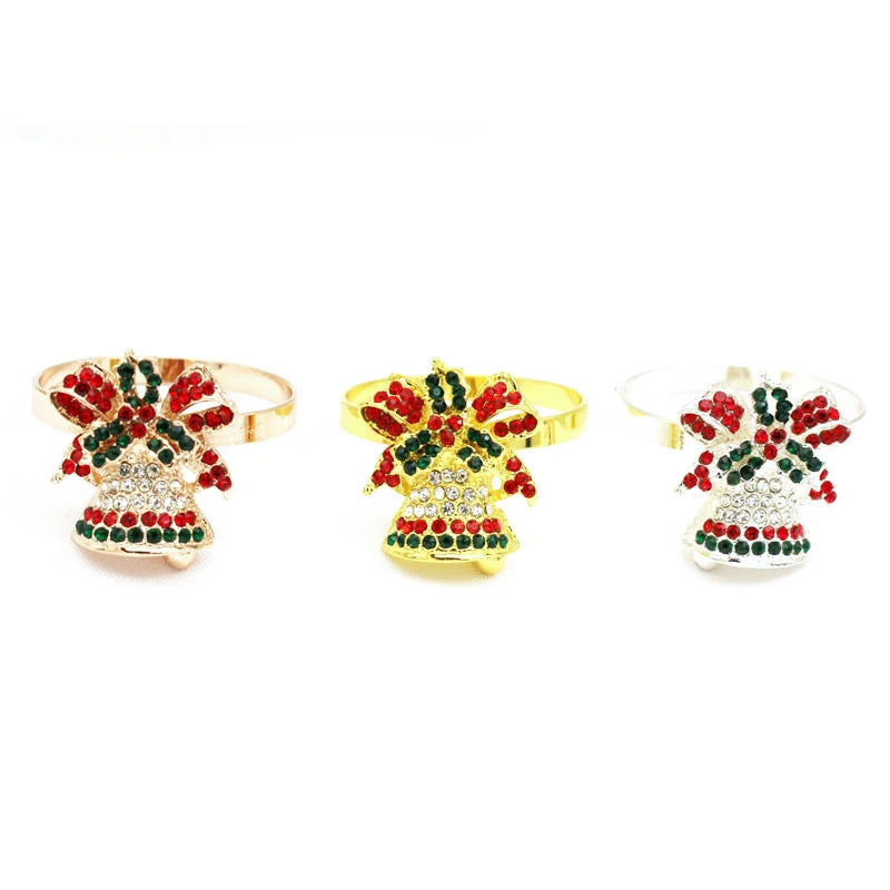 Wholesale Luxury Christmas Accessories Rhinestone Napkin Holder Christmas Bells Napkin Ring Metal Table Serviette Stocked