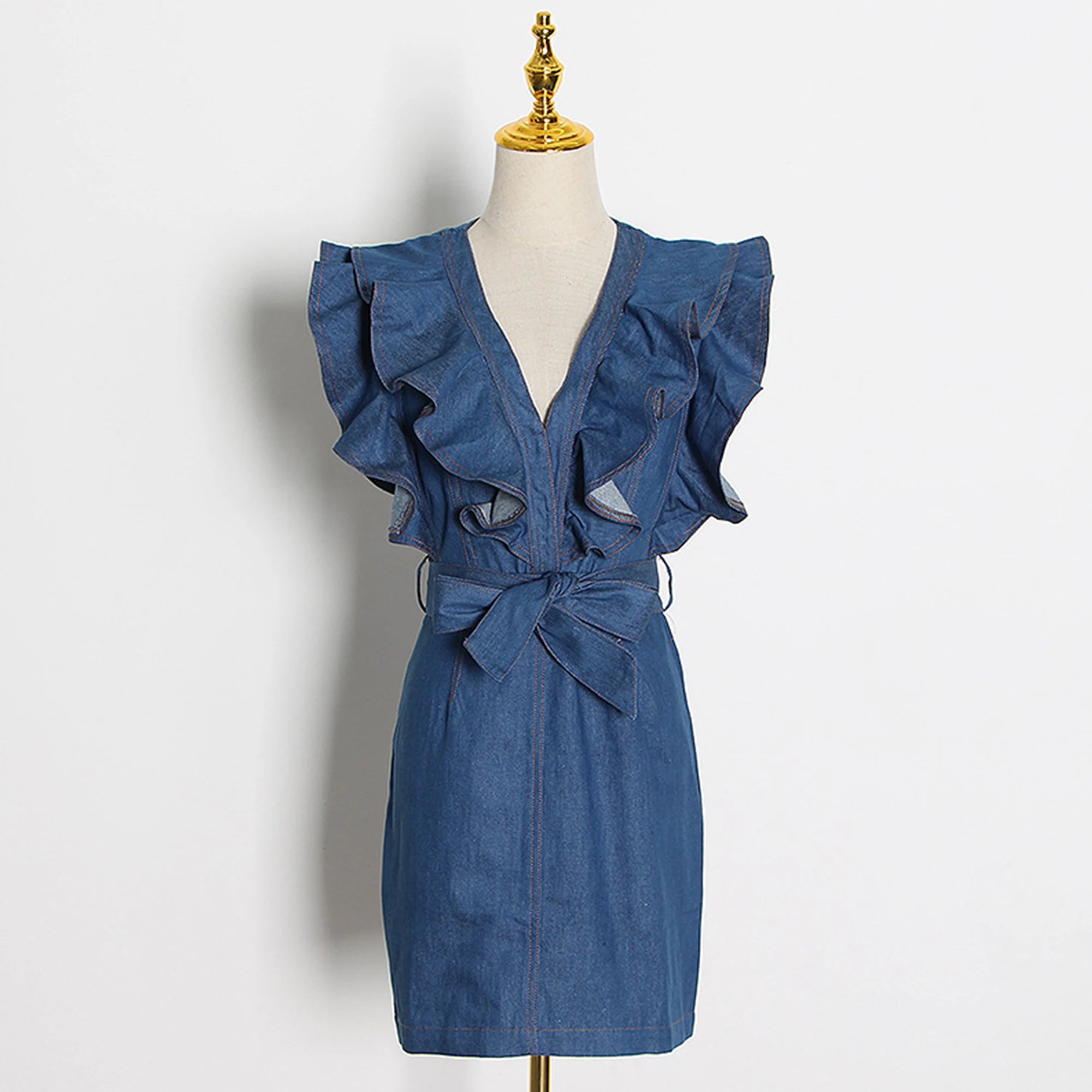 Trendy Summer Bodycon Denim Dress with Deep V Ruffle Sleeve Custom Brand Casual Mini Style Solid Pattern Digital Printed