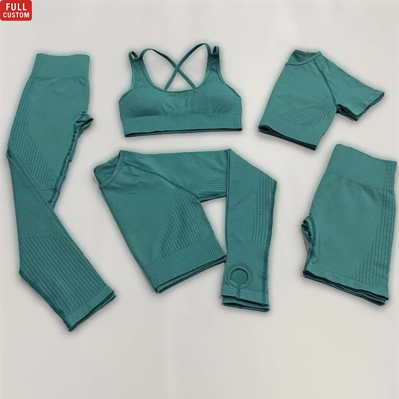 Custom High Waist Womens 5pcs Seamless Women Gym Workout Yoga Wear Long Sleeve Crop and Leggings Fitness Sets