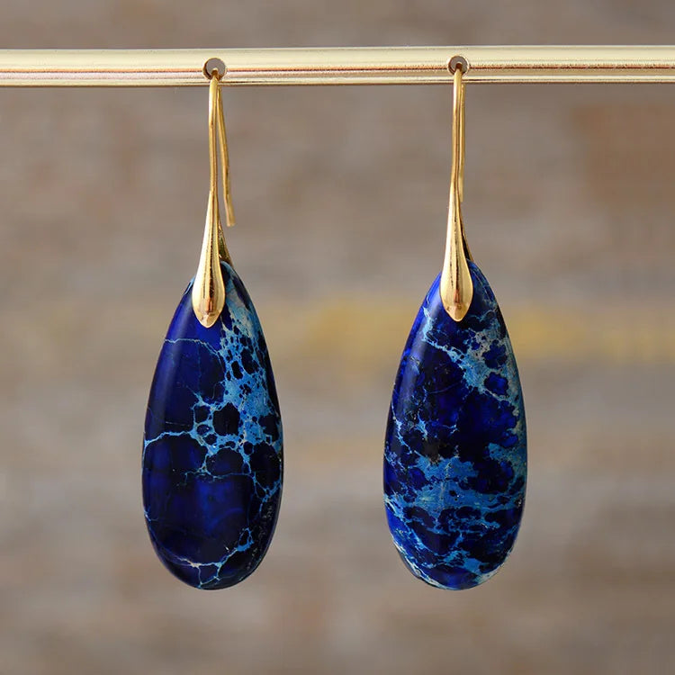 Hot Selling Bohemian Style Blue Natural Stone Emperor Stone Drop Pendant Earrings for Women