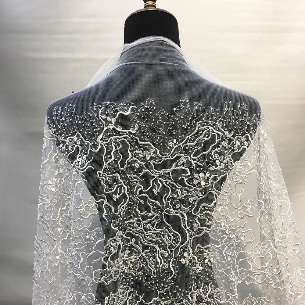 Amazing Handmade Beaded Bridal Lace Fabric Ivory White Embroidery Lace Designer Wedding Dress Fabric