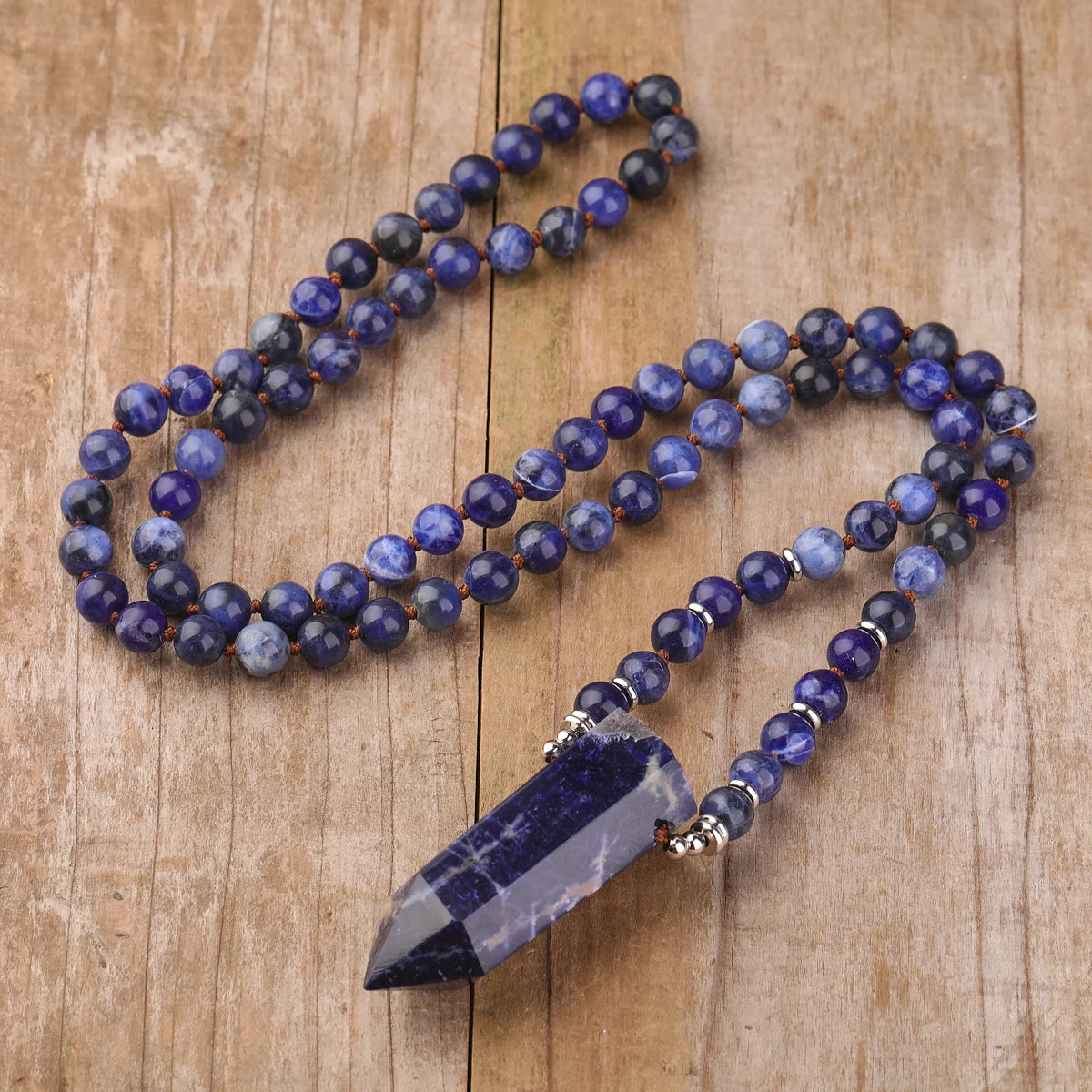 Sodalite Point Mala Necklace Chakra Jewelry  Healing Round Bead Knotted Meditation Necklaces Prayer Gift for Men