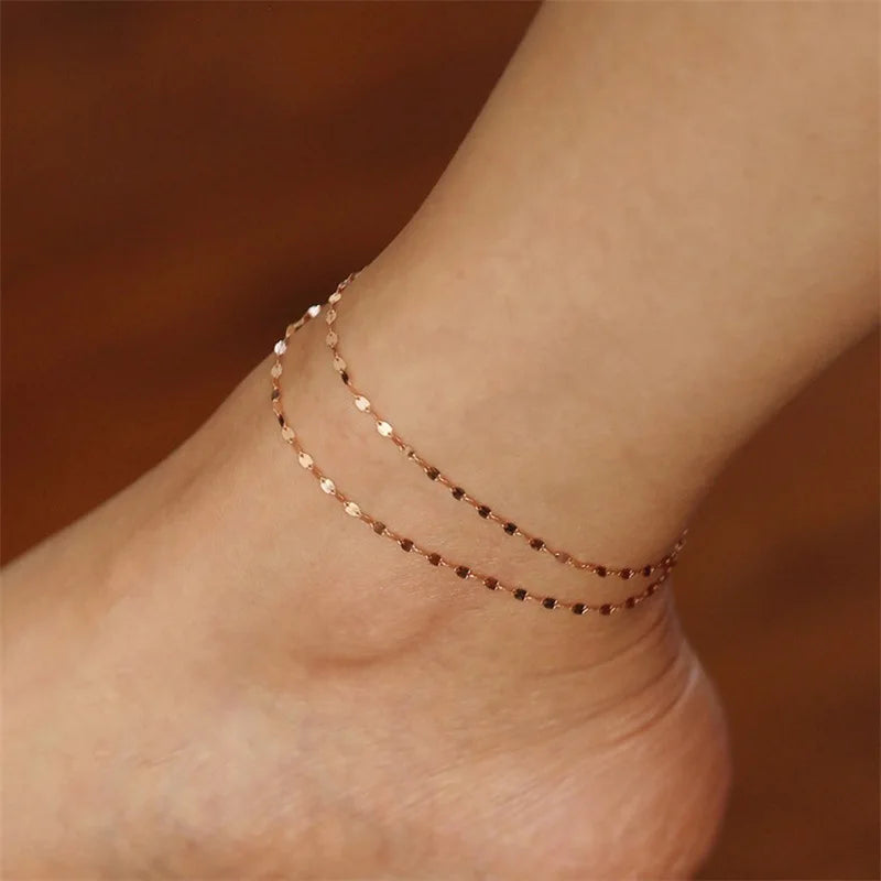 Fashion Sand Beach Foot Chain Jewelry 14k Gold Plated Stainless Steel Handmade Lip Chain Anklet for Women Gift Decoration YF2963
