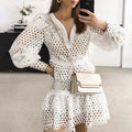 2023 Summer New Lace Embroidery Hollow Design V-neck Lantern Sleeve Dresses Waist Slim Short Dress Female