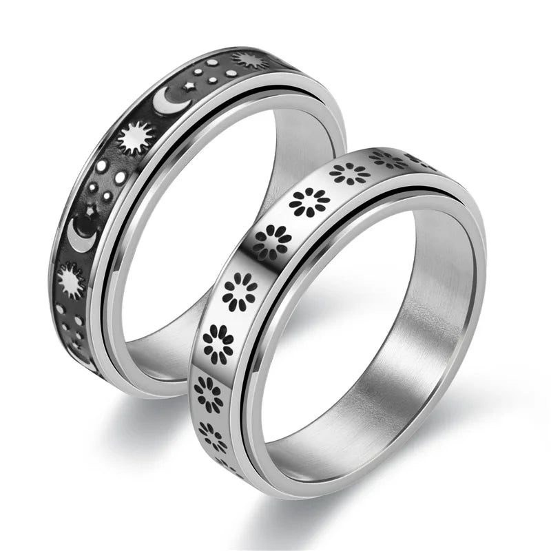 Europe and United States Cross-Border Fashion Rings Titanium Steel Small Zou Ju Star Moon Rotating Couple Ring