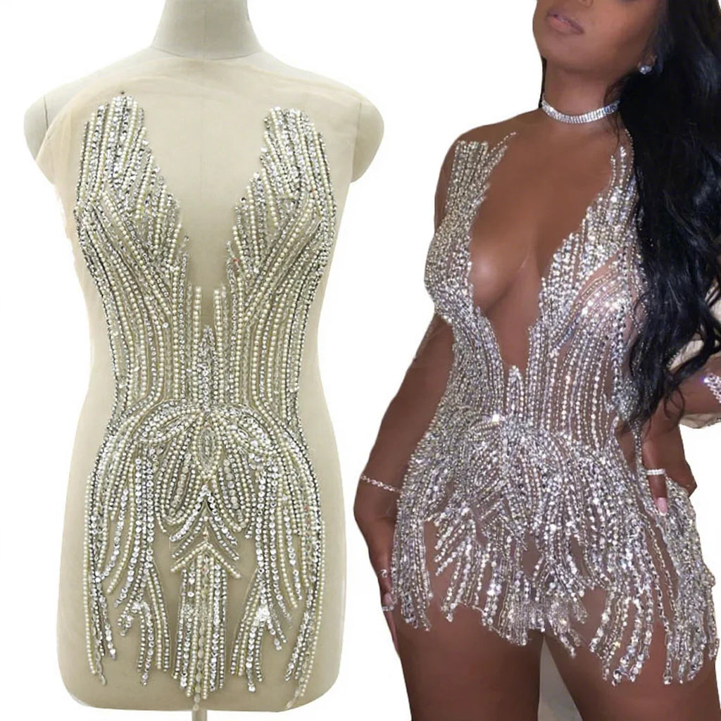 Keering Bridesmaid Engagement Evening Prom Party Crystal Body Patch Panels White Wedding Gown Crochet Pearl Applique for Dress