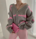 Wholesale Fashion Women Knitted Sweater Cardigan Coat Gray and pink Color Block Sweater Knitted v Neck Jacket With Button