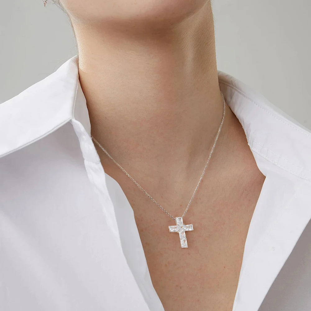 RINNTIN LZN09 Custom 925 Sterling Silver Jewelry 8A Cubic Zirconia Necklace Diamond Chain Cross Pendant Necklaces for Women