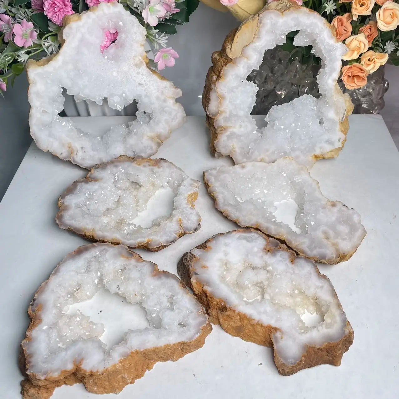 Natural Crystal Quartz White Geode Mineral Specimen Clear Quartz Crystal Cluster Slabs Slices