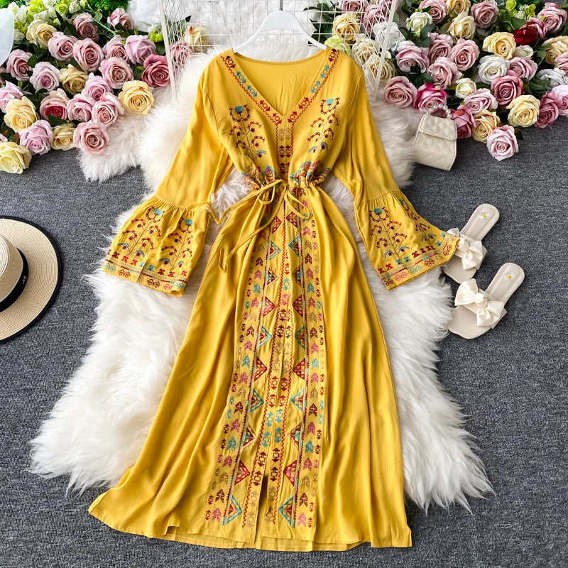 Women's Clothing Spring Autumn Embroidery Bohemian Dress V-neck Long Flare Sleeve Split Tunic Maxi Dress Women Casual Dresses