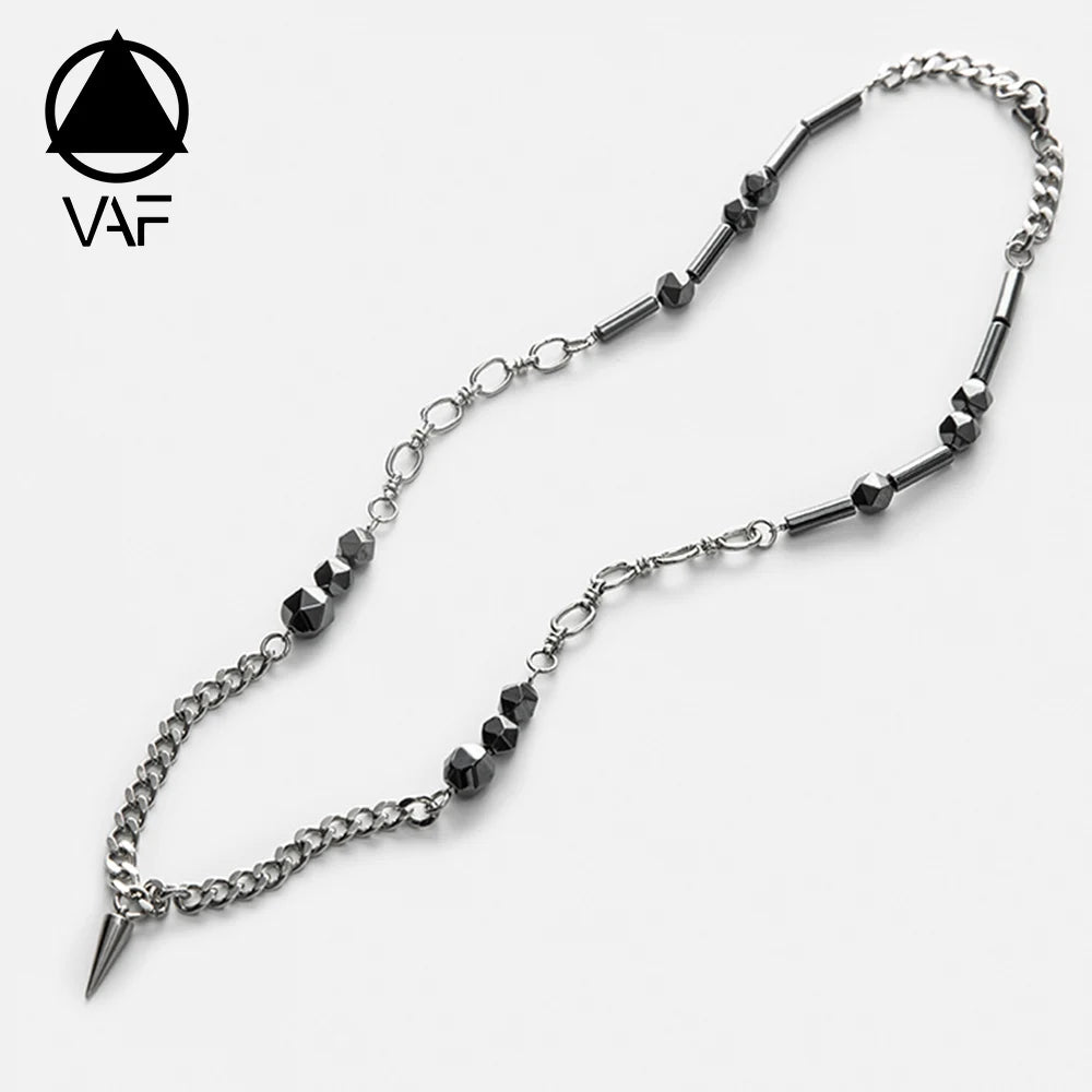 VAF 50CM Black Gemstone Zircon Link Taper Pendant Stainless Steel Necklace Collier Acier Inoxydable