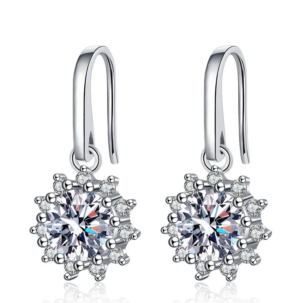 Classic Simple Sunflower Moissanite Diamond S925 Sterling Silver New Ear Hooks Female