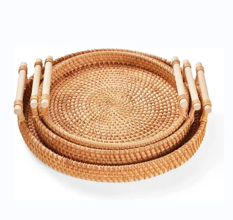Custom Handcrafted 3-Piece Woven Rattan Serving Trays Set Home Decor Storage Food Bread Baskets for Living Room Tableware Spice