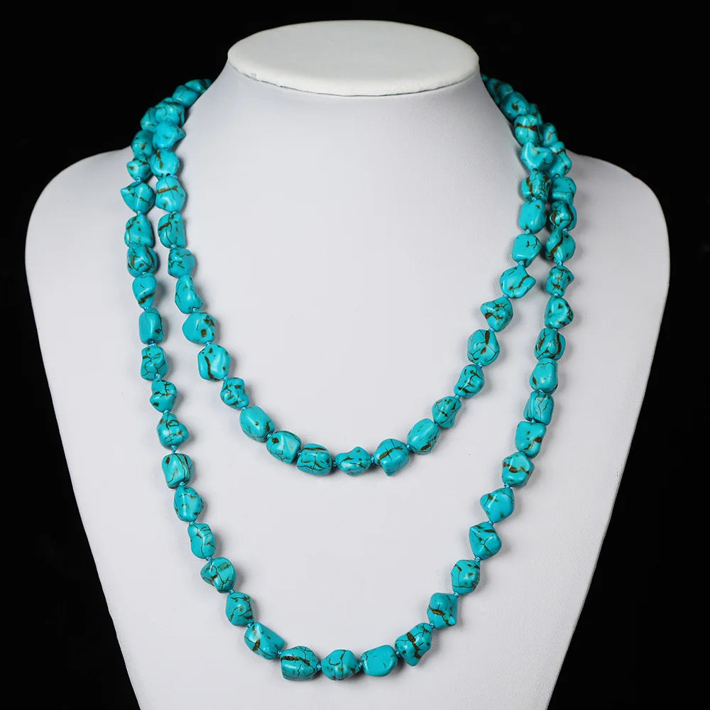 Turquoise Beads Endless Necklace Long Knotted Stone Multi-Strand Layer Necklaces Handmade Jewelry 47inch