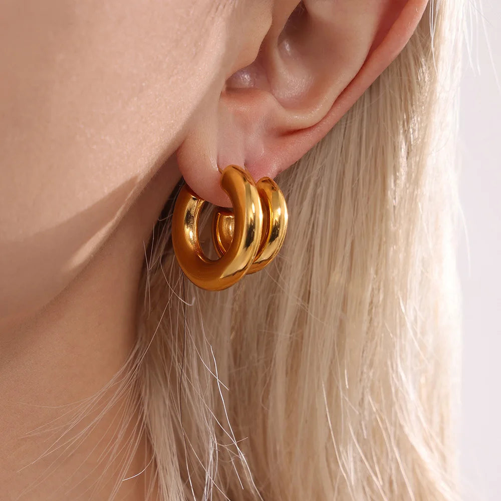 Ganku Trendy 18K Gold Style French Plated C-Shaped Ring Earrings Elegant Minimalist Smooth Drop Ear Jewelry in Stainless Steel
