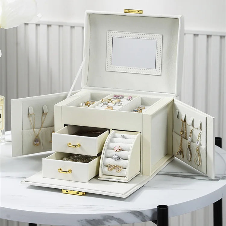 Large Luxury Jewelry Organizer with Mirror 3 Drawers Jewellery case for Women Mdf Travel Portable Handing Jewelry Storage Box