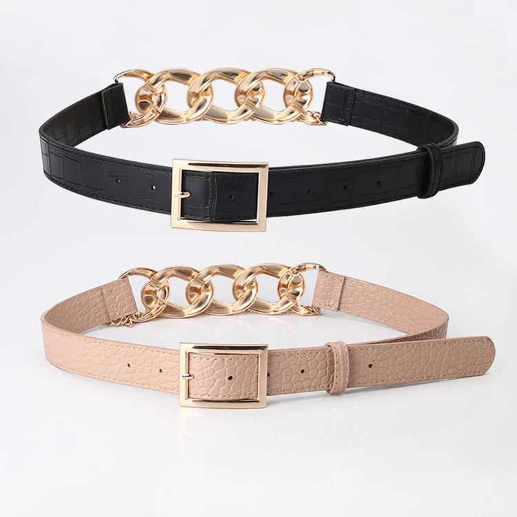 Women's Adjustable Skinny Genuine Leather Waist Belt Embossed Logo Alloy Pin for Buckle for Jeans Fashion-Accentuated Thin Belt